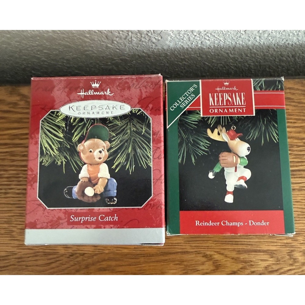Hallmark Keepsake Ornaments "Surprise Catch" 1998 &"Reindeer Champs-Donder" 1992